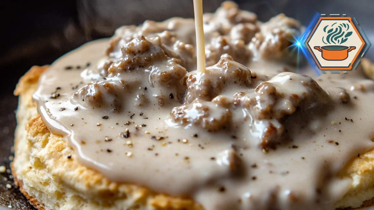 Sausage Gravy Recipe: Southern Classic You’ll Crave Daily 2 A bowl of homemade sausage gravy served over warm biscuits, showcasing the creamy texture and rich flavor of this comforting breakfast classic.