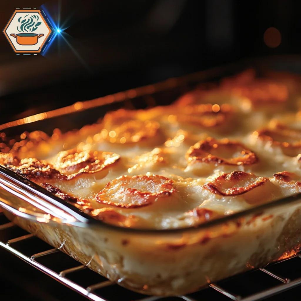 title="Step-by-Step Guide: How to Make Potato Casserole" alt="A glowing oven with a bubbling cheesy potato casserole, demonstrating how to make potato casserole with perfectly baked layers of potatoes, cheese, cream, and butter."