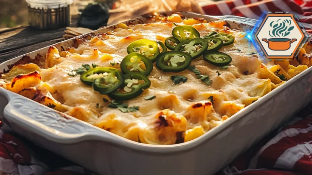 A hearty taco potato casserole served in a picnic-friendly container, featuring melted cheese, seasoned potatoes, ground meat, and colorful toppings, ideal for outdoor meals.