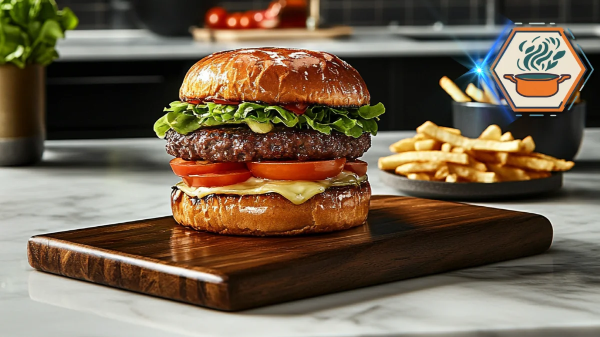 Is Arby's Wagyu Burger real? 1 An upscale kitchen setting with Arby’s Wagyu Burger displayed on a plate, showcasing the quality of the Wagyu beef patty, fresh toppings, and artisan bun.