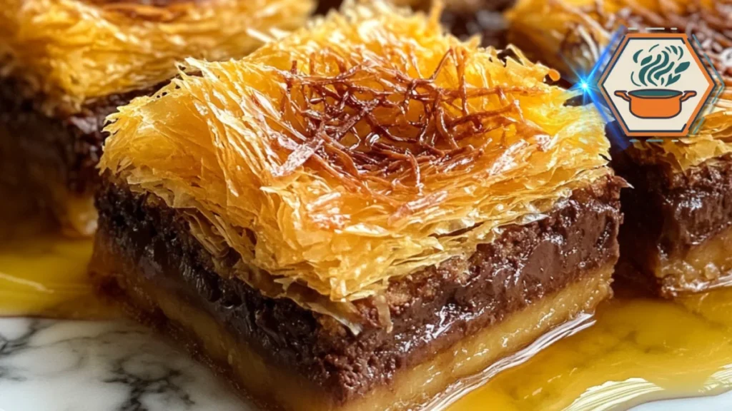 Close-up of kunafa chocolate revealing crispy kunafa strands and gooey chocolate filling, illustrating the main components of this sweet indulgence.