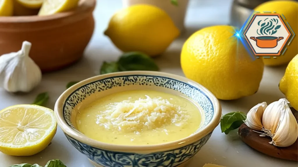 A beautifully styled kitchen scene featuring a jar of creamy limone sauce surrounded by fresh lemons and herbs, illustrating the ingredients used in limone sauce