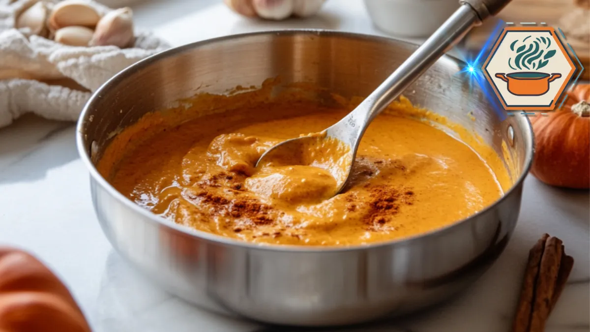What is pumpkin sauce made of? 1 Ingredients for pumpkin sauce displayed on a wooden surface, including pumpkin purée, milk, brown sugar, cinnamon, and nutmeg, illustrating what pumpkin sauce is made of.