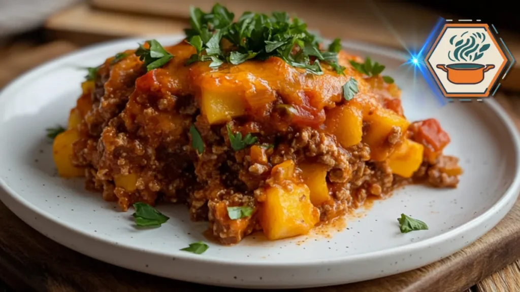 A stylish kitchen showcasing a serving of cowboy casserole, featuring layers of ground beef, tater tots, cheese, and a creamy sauce topped with fresh herbs