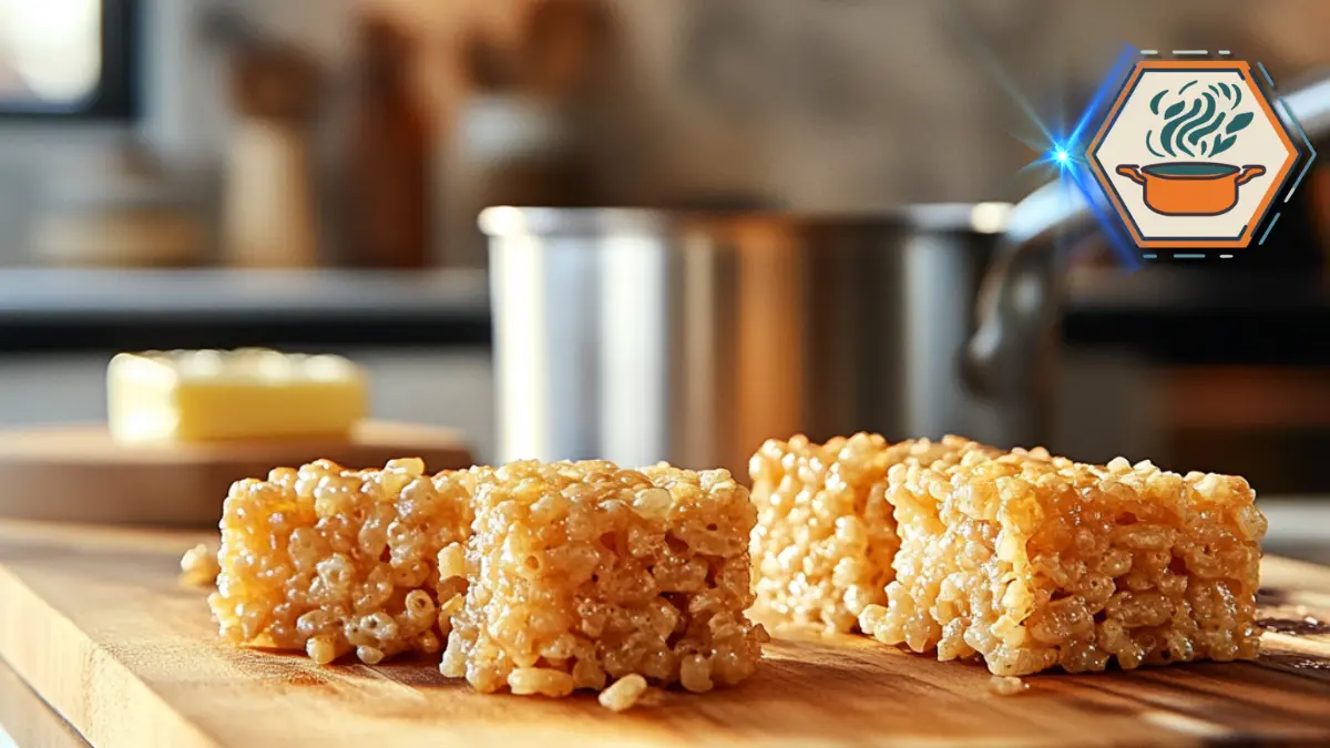 Close-up of brown butter rice crispy treats, gooey and sticky, with golden brown butter and marshmallows perfectly melted together.