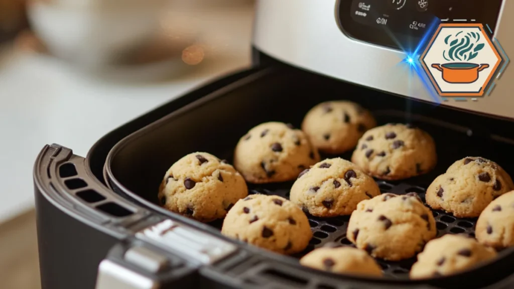 Baking cookie dough in an air fryer, showcasing how to cook cookie dough using an air fryer for a quick and crispy result.