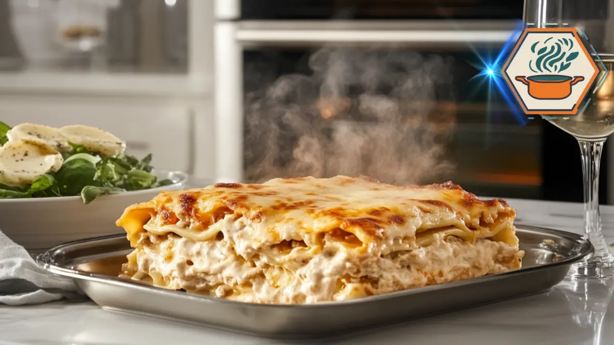 Delicious chicken alfredo lasagna with creamy layers of cheese, pasta, and alfredo sauce, baked to golden perfection.