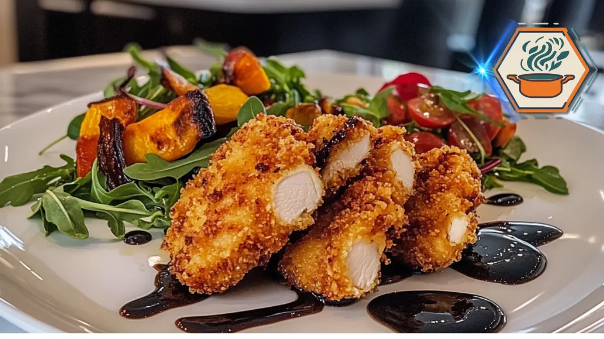 How to Make Perfectly Crispy Chicken Fritta – So Juicy & Crunchy! 2 Gourmet crispy chicken fritta served with a side of fresh salad and dipping sauce, offering a refined twist on a classic fried chicken dish.