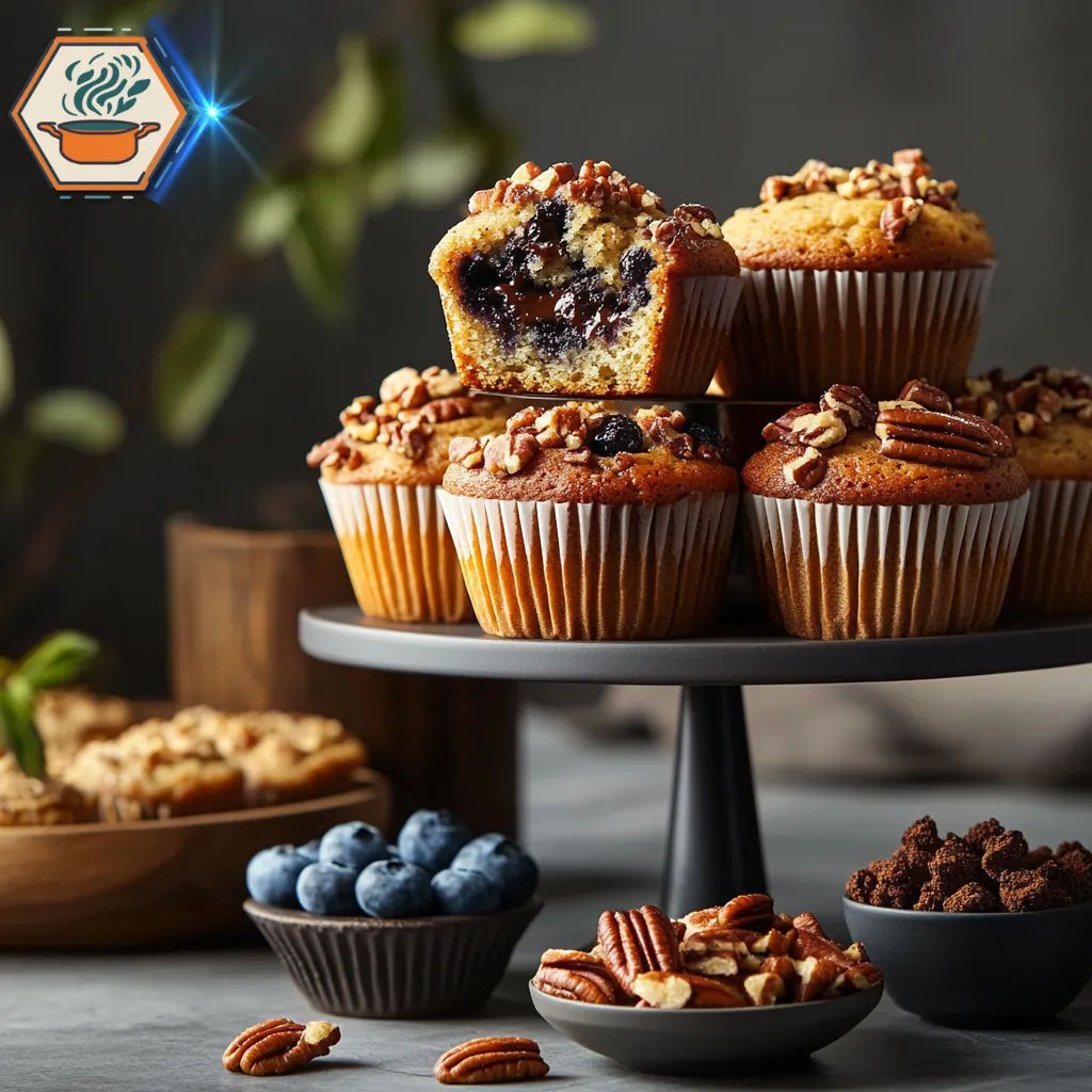 title="Delicious Variations to Try for Coffee Cake Muffins" alt="A modern dining table with a tiered dessert stand displaying multiple variations of coffee cake muffins, including cinnamon streusel, chocolate chip, and nut-topped options."