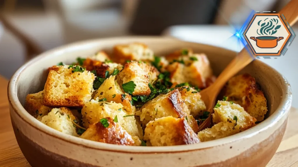 gluten free stuffing made with fresh herbs, vegetables, and gluten-free bread, served as a flavorful holiday side dish.