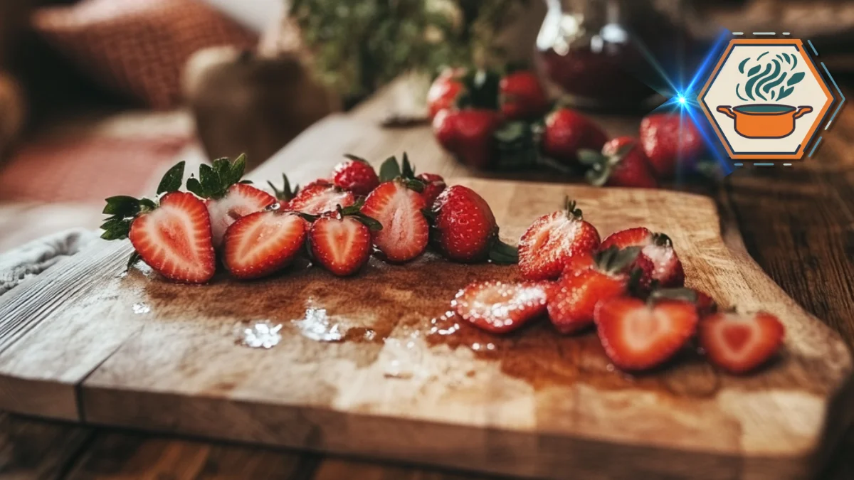 How to cut strawberries for waffles, showing the proper technique for slicing strawberries to create the perfect topping for waffles, pancakes, or other breakfast dishes.