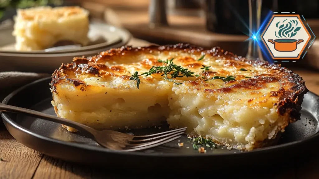 Passover potato pie with a golden, crispy crust, served on a festive table, symbolizing a traditional and delicious holiday dish.
