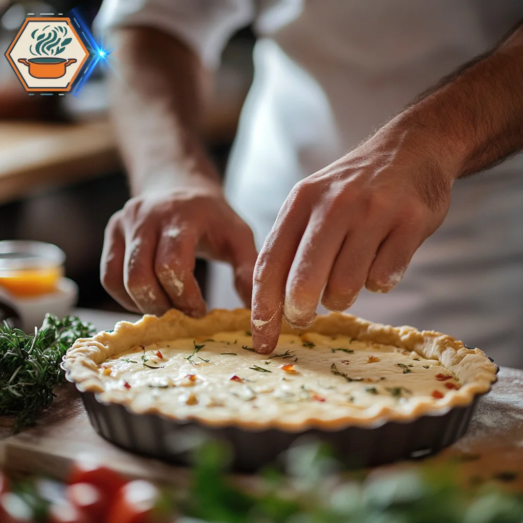 title="Steps to Pre-Bake a Quiche Crust for the Perfect Texture" alt="A close-up shot of a chef pressing dough into a quiche pan, highlighting the steps to pre-bake a quiche crust for a crispy, flaky result."