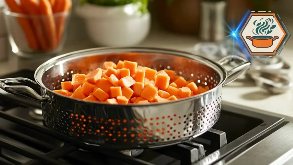 Diced frozen carrots ready to be used in dinner recipes, showcasing a convenient and quick cooking option for meals.