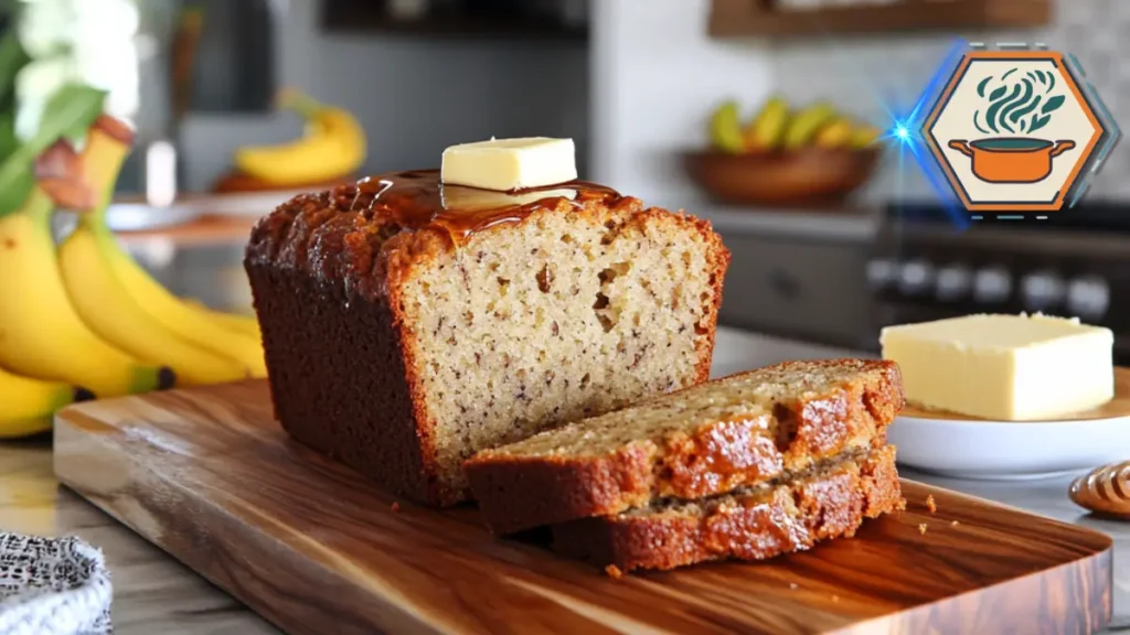 Sliced loaf of 4-ingredient banana bread served on a wooden board, showcasing its moist texture and golden crust.