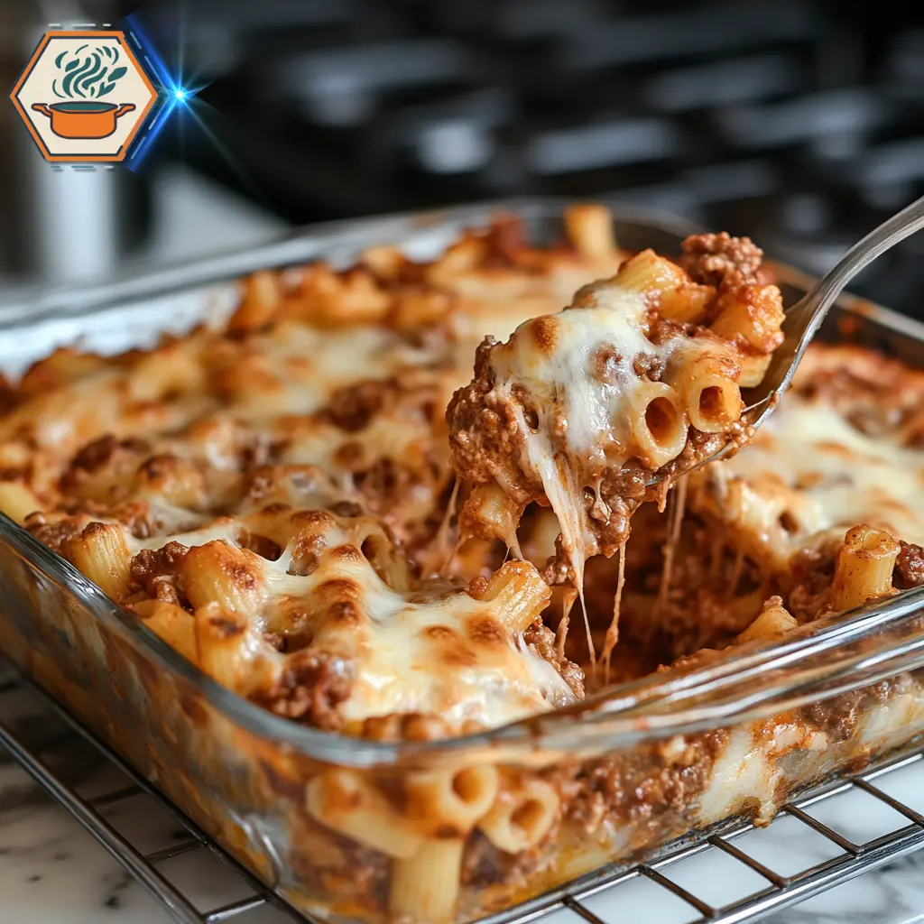 title="Baked Beef Ziti with Ricotta - A Rich and Cheesy Pasta Classic" alt="Sleek and contemporary kitchen with marble countertops, set up for preparing a hearty baked beef ziti with ricotta cheese."