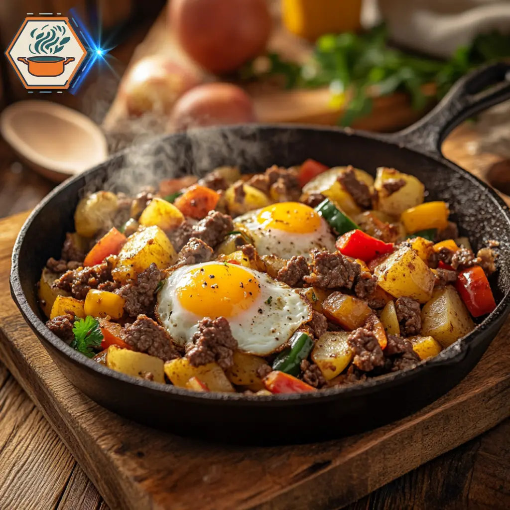 title="Beef and Egg Breakfast Hash - A Hearty and Protein-Packed Morning Meal" alt="Cozy farmhouse kitchen with wooden countertops, set up for preparing a hearty beef and egg breakfast hash."