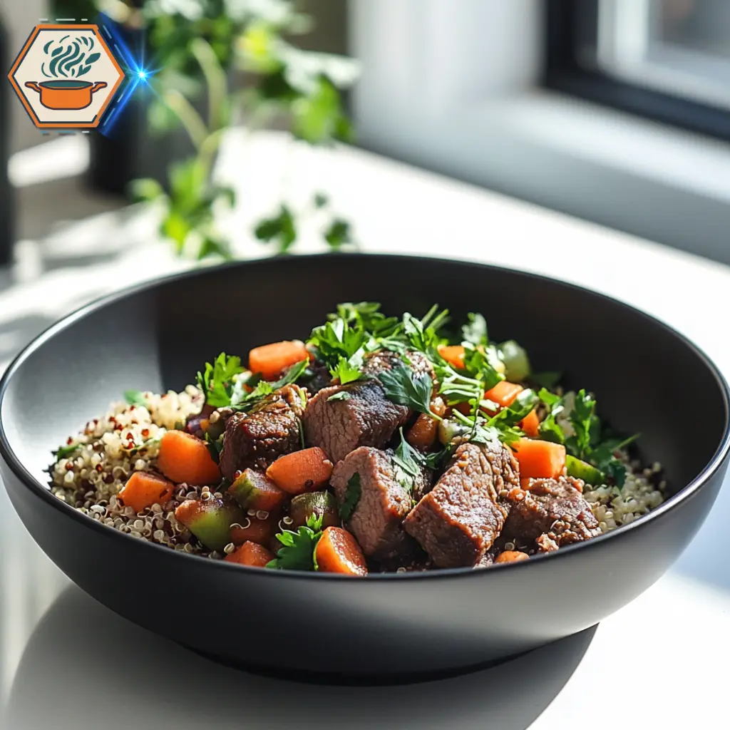 title="Beef and Quinoa Power Bowls - A Healthy and Protein-Packed Meal" alt="Bright and modern minimalist kitchen with white accents, set up for preparing nutritious beef and quinoa power bowls."
