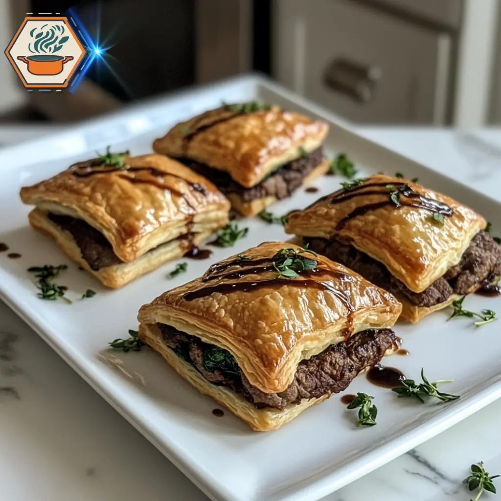 title="Beef and Spinach Puff Pastry Bites - A Crispy and Savory Appetizer" alt="Sleek and stylish modern kitchen with marble countertops, set up for preparing crispy and flaky beef and spinach puff pastry bites."