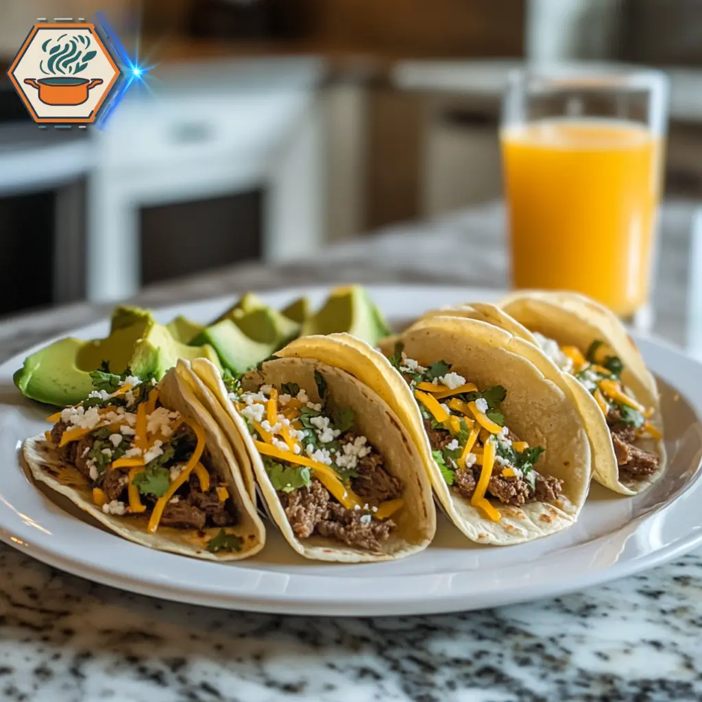 title="Breakfast Beef Tacos - A Savory and Protein-Packed Morning Meal" alt="Sleek modern kitchen with marble countertops and bright lighting, set up for preparing delicious breakfast beef tacos."