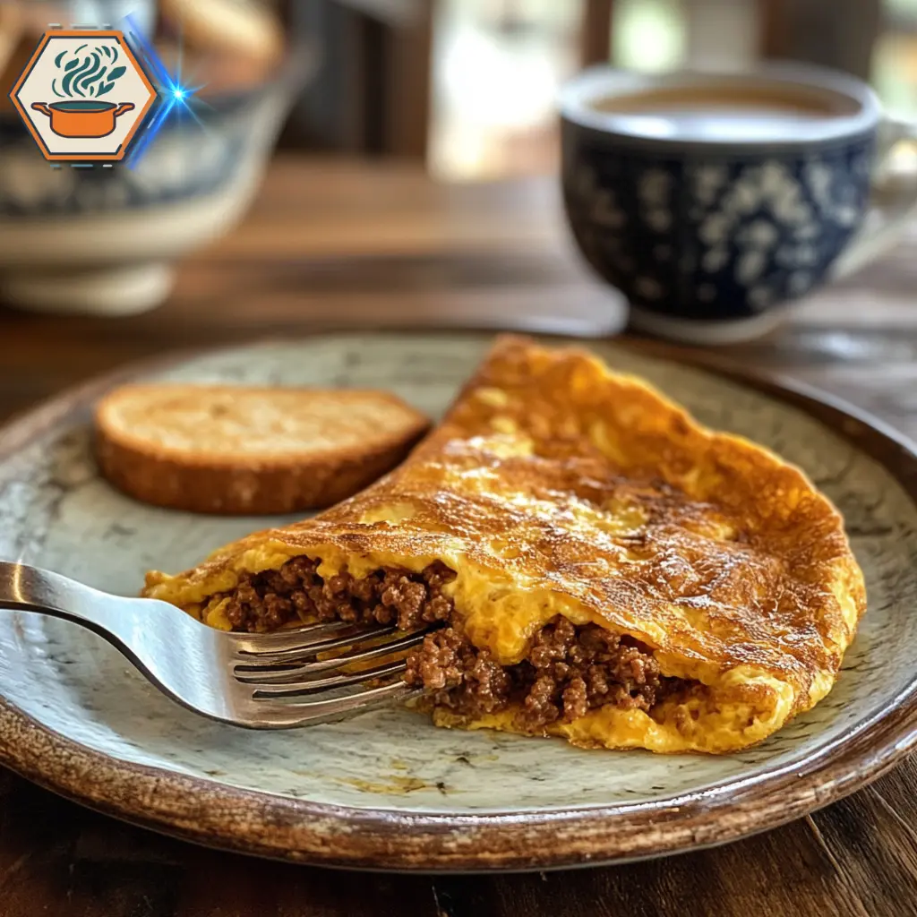 title="Cheesy Ground Beef Omelet - A Hearty and Protein-Packed Breakfast" alt="Cozy farmhouse kitchen with wooden countertops, set up for preparing a delicious and cheesy ground beef omelet."