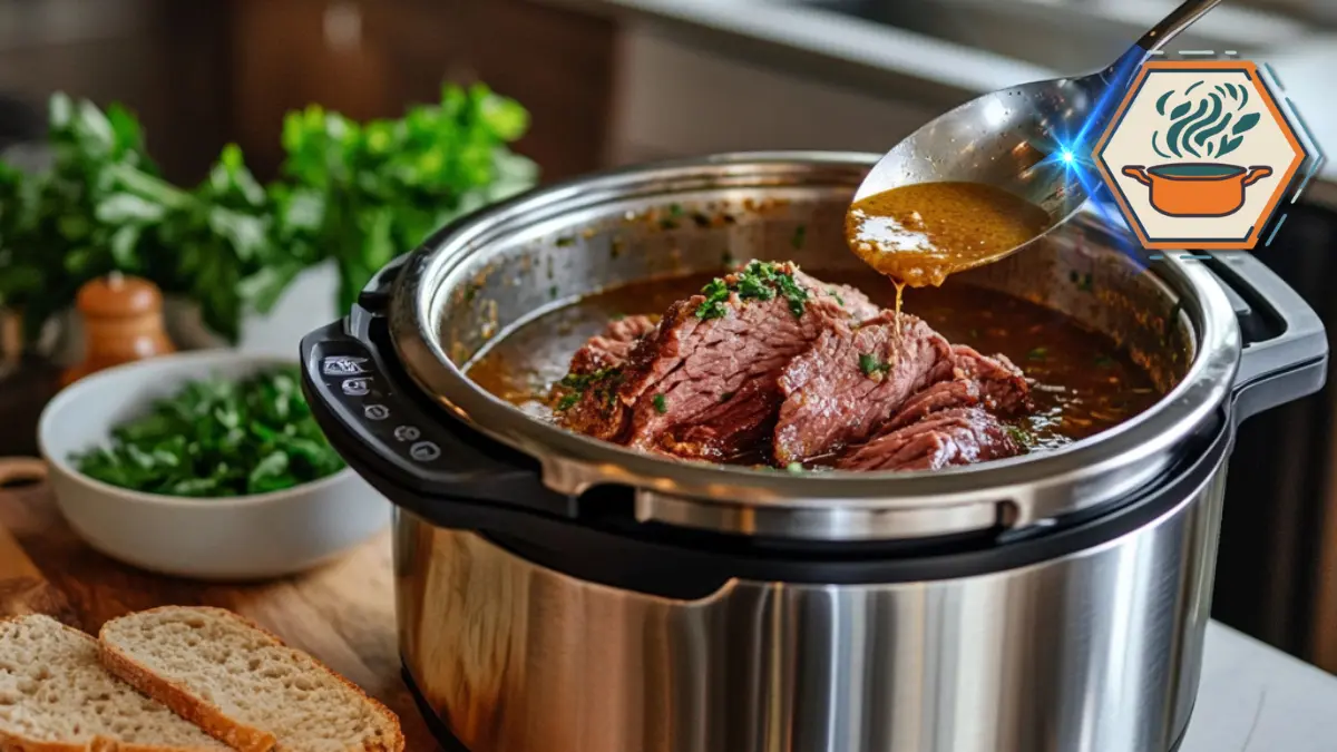 How To Make Perfectly Tender Corned Beef In An Instant Pot! 2 Beautifully arranged kitchen island featuring a freshly cooked corned beef in an Instant Pot, ready to be served and enjoyed