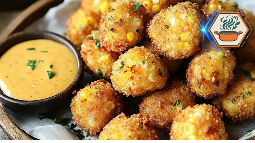 Close-up shot of freshly fried corn nuggets draining on paper towels, showcasing their golden crispy exterior and soft, sweet corn filling
