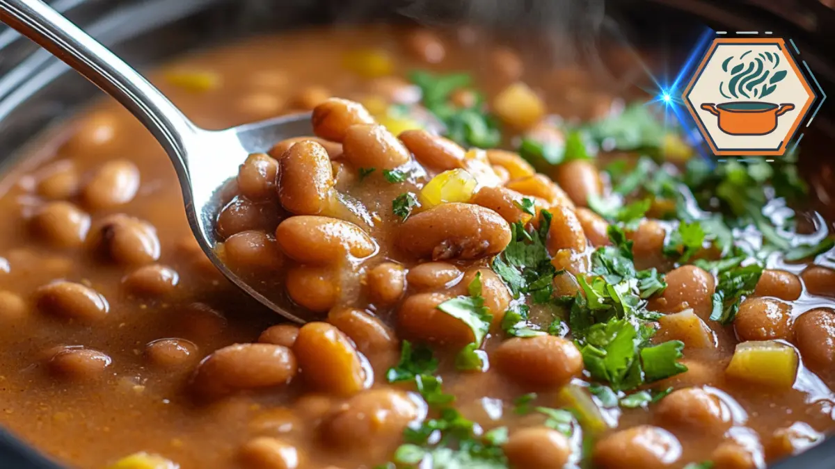 How To Make Authentic Crock Pot Pinto Beans Like A Pro! 2 Close-up of a spoon scooping tender pinto beans from a crock pot, highlighting their rich texture and slow-cooked flavor.