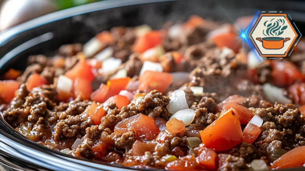 Ground beef cooking in a crock pot with diced onions and seasoning, perfect for easy and flavorful slow-cooker meals.