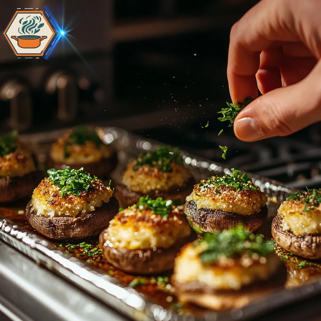 title="Ground Beef-Stuffed Mushrooms - A Savory and Elegant Appetizer" alt="High-end chef’s kitchen with stainless steel appliances, set up for preparing gourmet ground beef-stuffed mushrooms."