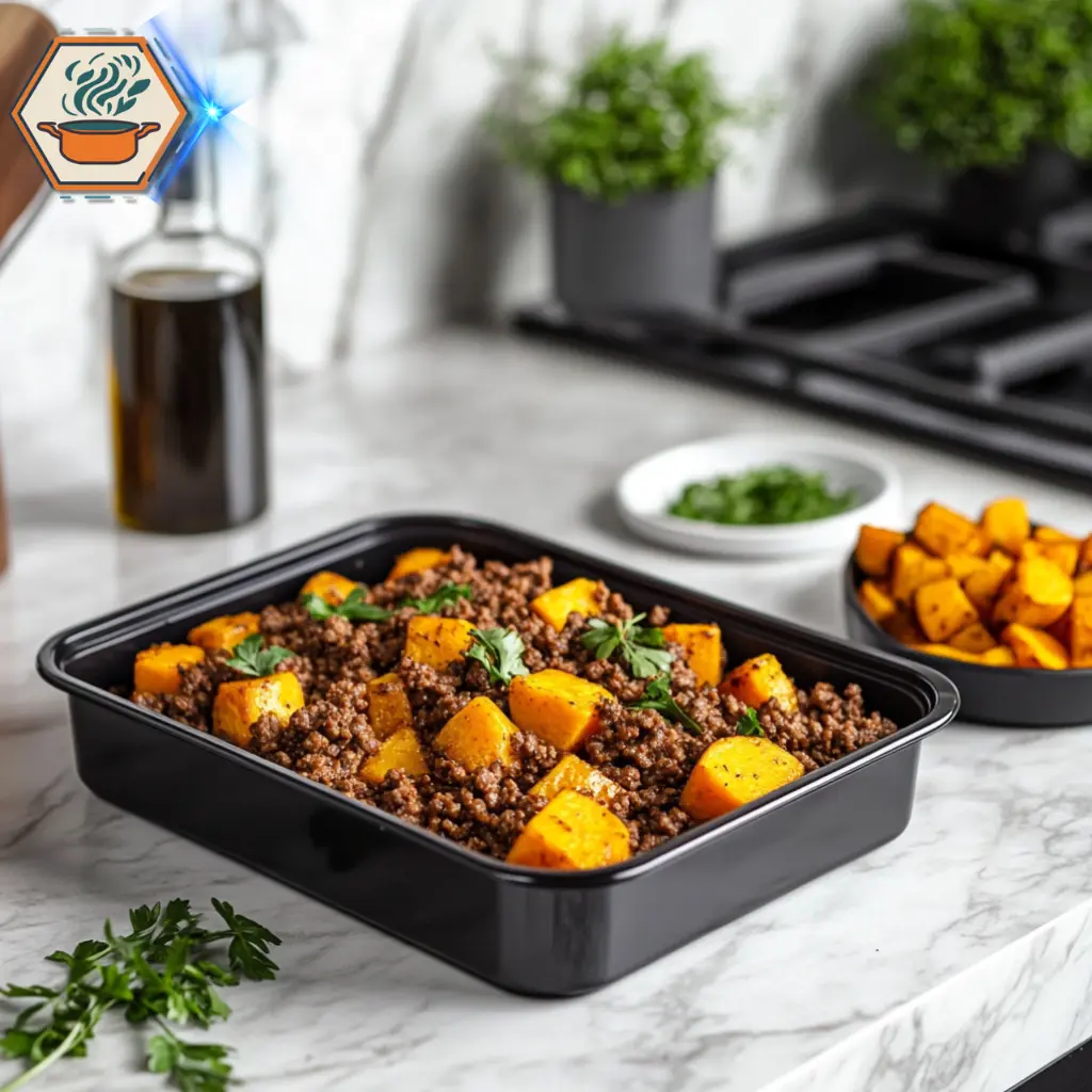 title="Ground Beef and Sweet Potato Meal Prep - A Healthy and Balanced Option" alt="Sleek modern kitchen with marble countertops, set up for preparing nutritious ground beef and sweet potato meal prep dishes."