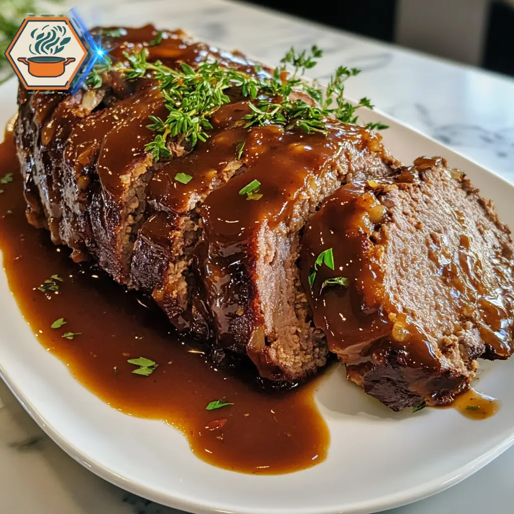 title="Homemade Meatloaf with Gravy - A Classic Comfort Food Recipe" alt="Sleek modern kitchen with a marble countertop, set up for preparing homemade meatloaf with rich, savory gravy."