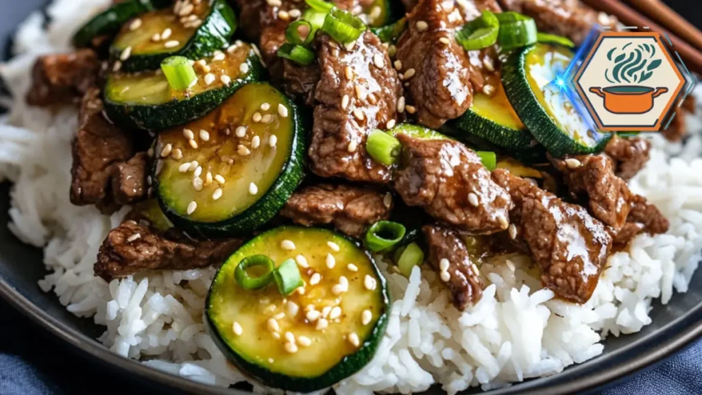 Stylish kitchen setup with a plated dish of fresh zucchini beef stir-fry, showcasing a quick and easy 15-minute recipe