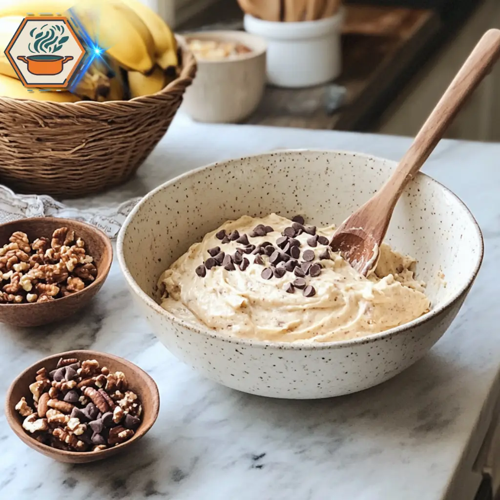 title="How to Test for Doneness - Perfectly Baked 4-Ingredient Banana Bread" alt="Rustic kitchen countertop displaying bowls of baking ingredients and a freshly baked banana bread loaf, ready to be tested for doneness."