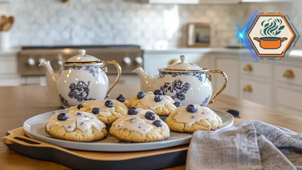 Serving tray filled with warm lemon blueberry cookies, showcasing their golden edges, soft texture, and fresh blueberry bursts.