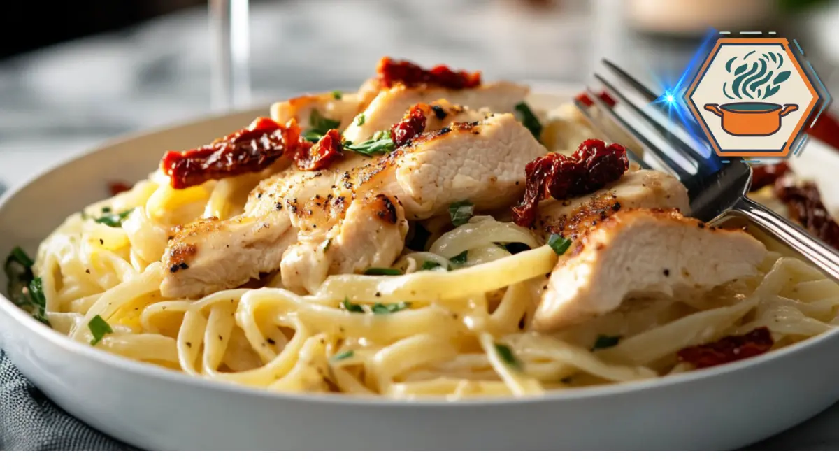 How to Make the Best Marry Me Chicken Pasta – So Easy & Delicious! 2 Plated serving of Marry Me Chicken Pasta on a rustic ceramic dish, featuring creamy sun-dried tomato sauce and tender chicken over pasta