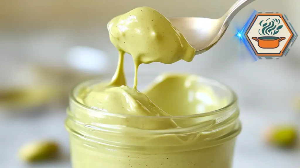 Close-up of a glass jar filled with smooth, creamy pistachio spread, showcasing its rich, nutty texture and vibrant green color.