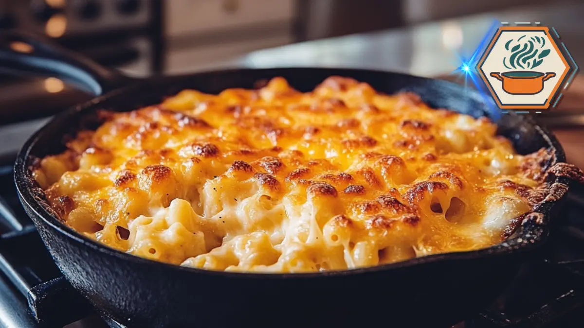 How to Make the Best Smoked Mac and Cheese – Easy & Flavorful! 2 Top view of smoked mac and cheese in a baking dish, featuring a golden-brown crust, creamy cheese layers, and smoky aroma.