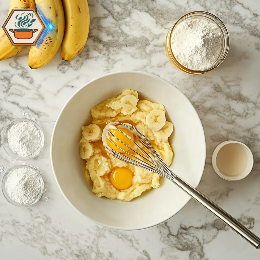 title="Step-by-Step Guide to Making 4-Ingredient Banana Bread" alt="Top-down view of a whisk beating eggs into mashed bananas, the first step in making easy 4-ingredient banana bread."