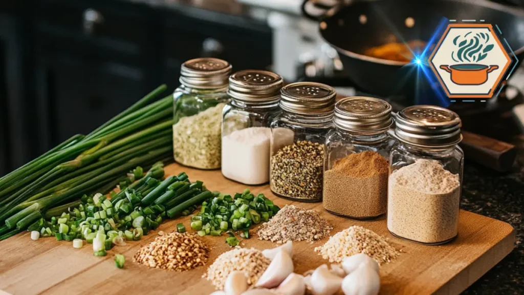 Top view of a luxury kitchen island with ingredients for stir fry seasoning from scratch, showcasing fresh herbs, spices, and seasonings for homemade stir fry recipes.