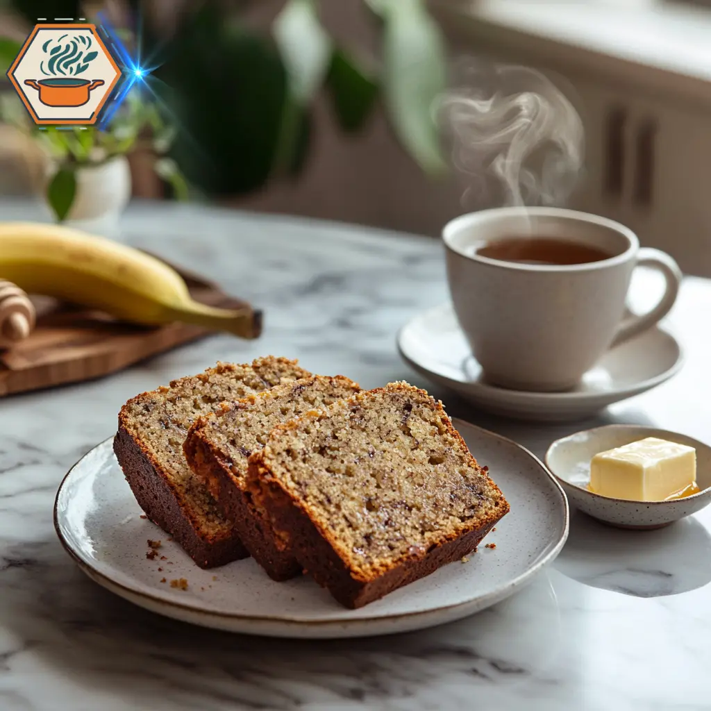 title="Storing and Serving Your 4-Ingredient Banana Bread - Best Practices" alt="Tea-time setting with banana bread slices elegantly arranged on a plate, served with tea and fresh fruit for a cozy presentation."