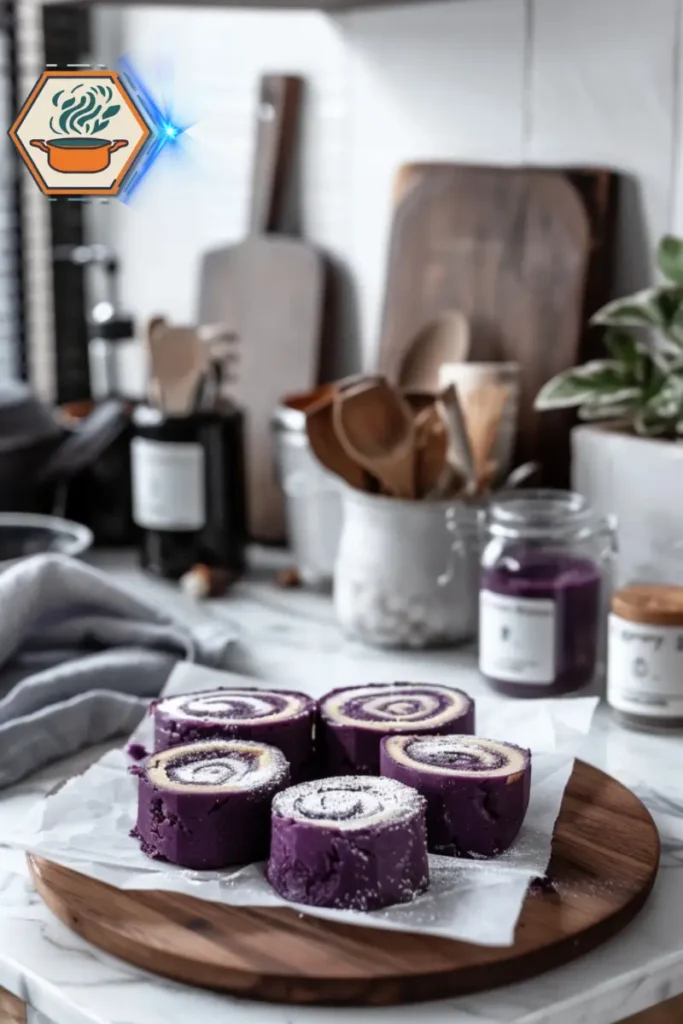 How to store your ube cake recipe: wrapped slices in parchment and placed in reusable containers for freshness and presentation. Ube cake slices rolled in parchment paper and placed beside storage containers, illustrating ideal packaging for preserving the ube cake recipe.
