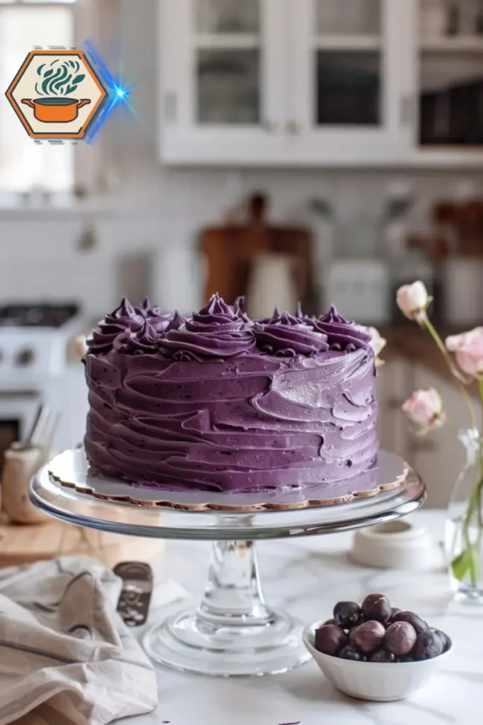 Ube Cake Made Easy – Fluffy Layers with a Vibrant Twist 4 A deep purple ube cake on a glass cake stand, showcasing its vibrant color and glossy finish, representing a viral ube cake recipe.