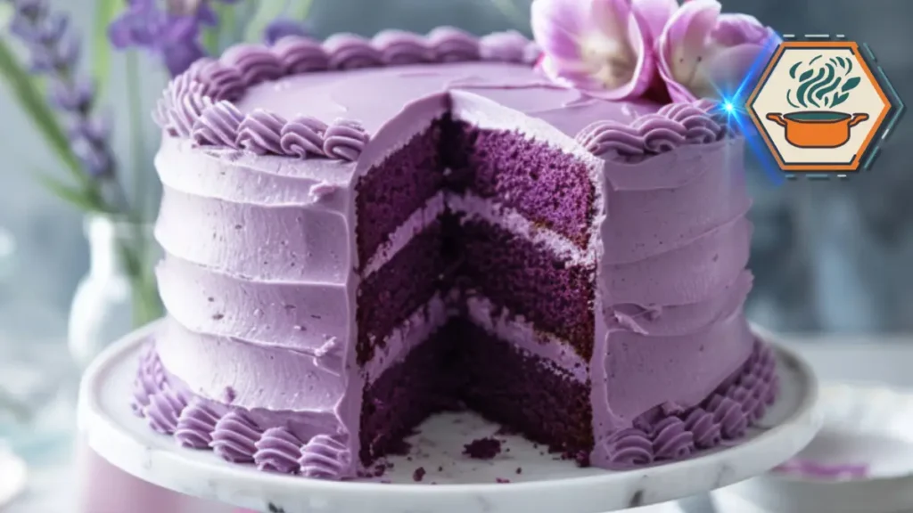 Fluffy ube cake with vibrant purple layers on a cake stand—perfectly baked and sliced to show texture, exemplifying an easy and vibrant ube cake recipe.