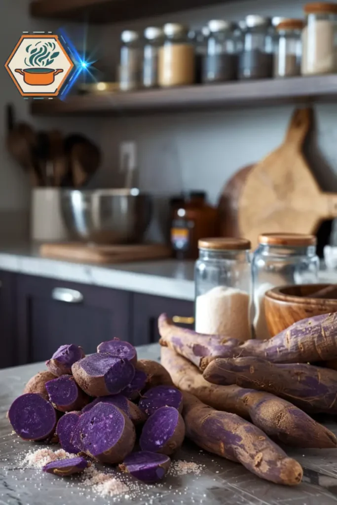 Essential ingredients for the perfect ube cake recipe: fresh purple yam, ube halaya, and extract—even if you’re cooking abroad. Fresh purple yam (ube), ube halaya, and ube extract arranged on a kitchen surface—essential ingredients for a traditional ube cake recipe.