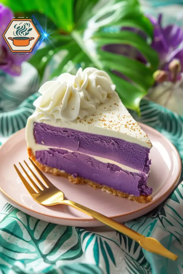 Ube Cake Made Easy – Fluffy Layers with a Vibrant Twist 5 Side angle view of a whole ube cake topped with whipped cream and ube crumbs, showcasing its moist texture and vibrant purple color—perfect example of a fluffy ube cake recipe.