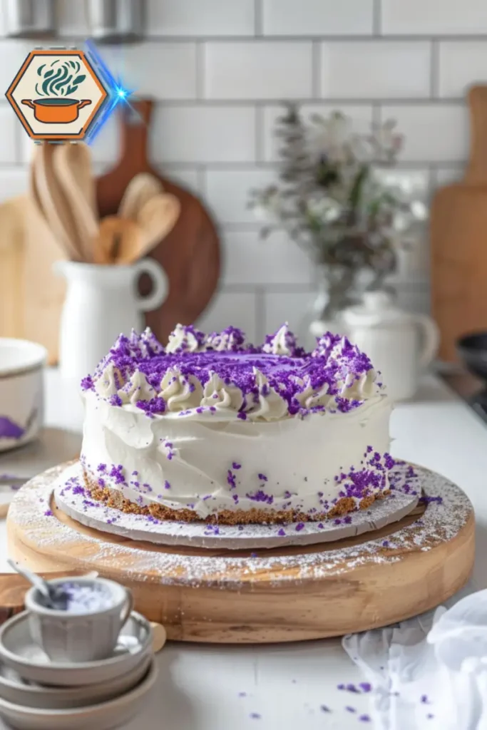 Ube cake slice from a sample recipe, topped with whipped cream and purple yam crumbs, ready to serve. A finished ube cake slice topped with whipped cream and ube crumbs, beautifully plated to illustrate a sample ube cake recipe presentation.