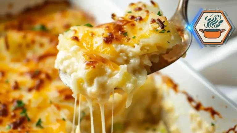 Hashbrown Casserole: The Ultimate Guide to Perfect Ingredients 4 A close-up shot of a spoonful of creamy and cheesy hashbrown casserole being lifted from a pan, highlighting its rich, gooey texture and golden-brown top.