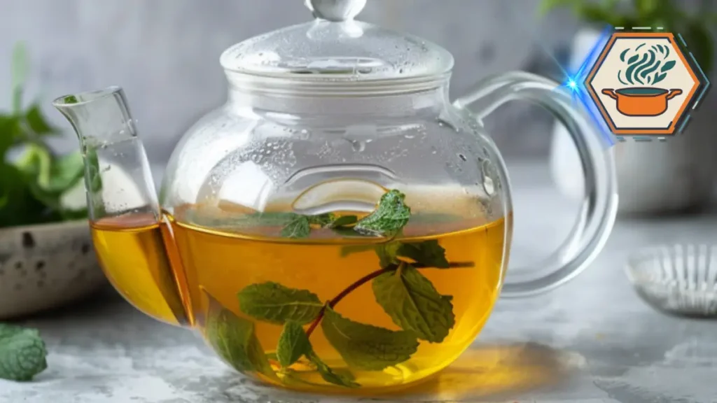 Glass teapot filled with Japanese Mounjaro detox drink and matching cups on a kitchen counter, illustrating the japanese mounjaro recipe.