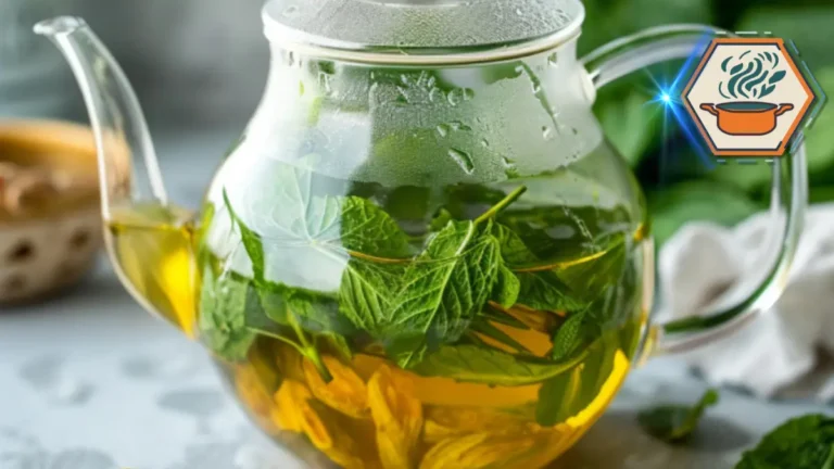 Japanese Mounjaro Recipe – Light Detox Drink Guide 3 Elegant kitchen scene with a glass teapot of Japanese Mounjaro detox drink and matching cups, illustrating the Japanese Mounjaro recipe.